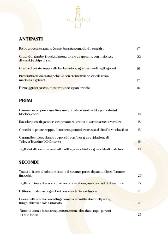 AlFaro menu 2024 - Antipasti, Primi, Secondi