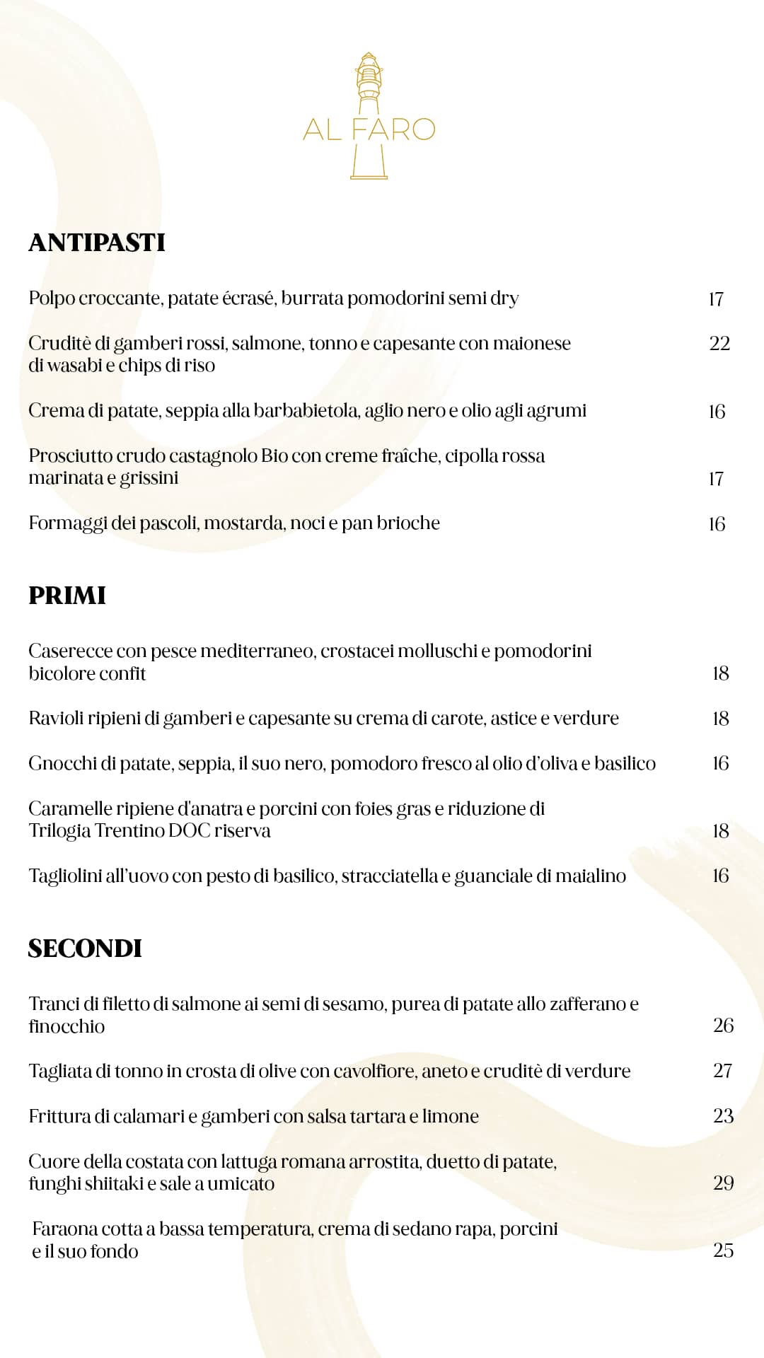 AlFaro menu mobile 2024 - Antipasti, Primi, Secondi