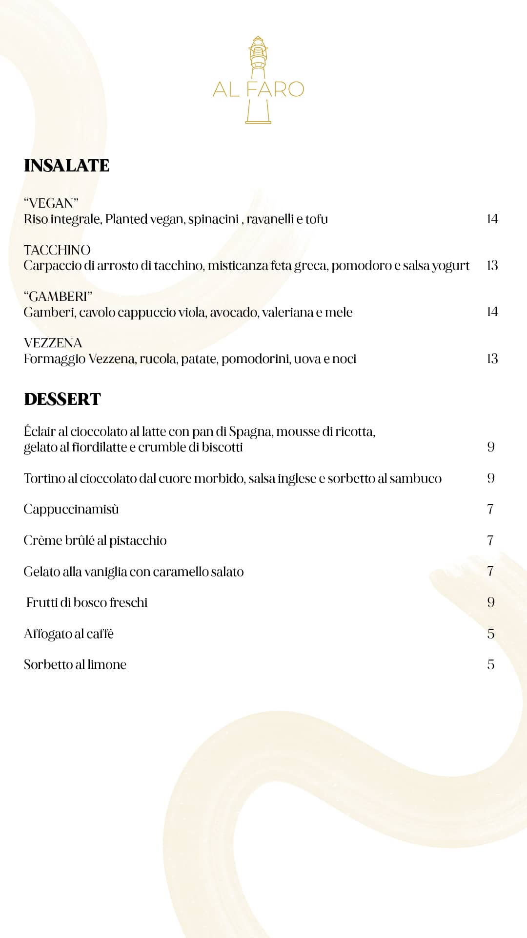 AlFaro menu mobile 2024 - Insalate, Dessert